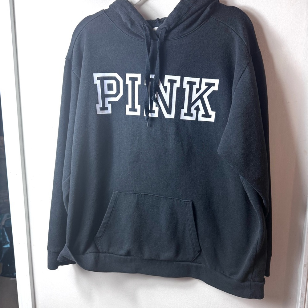VS PINK Black Hoodie With White Logo XL Front Pocket